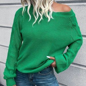 Casual Raglan Sleeve knit Sweater Top Green